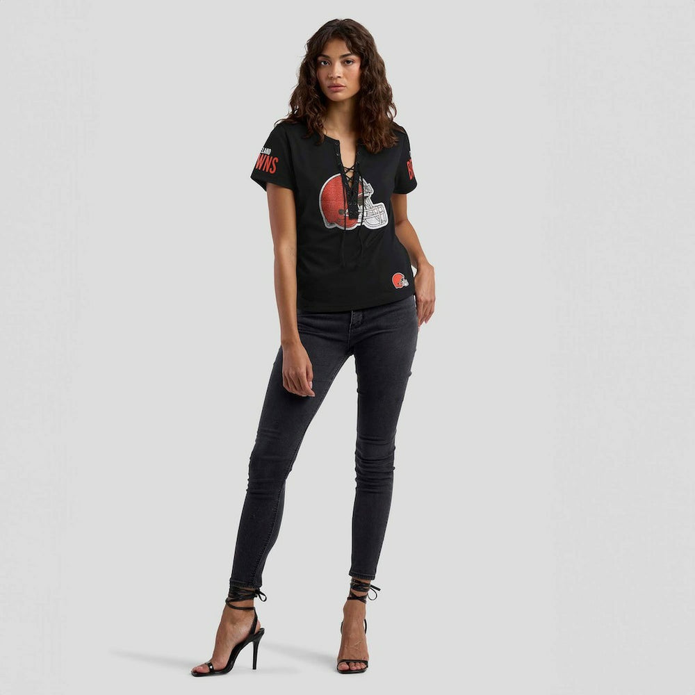 Cleveland Browns WEAR by Erin Andrews x Gracie Hunt Women's Draft Me Lace-Up T-Shirt Black | NFL