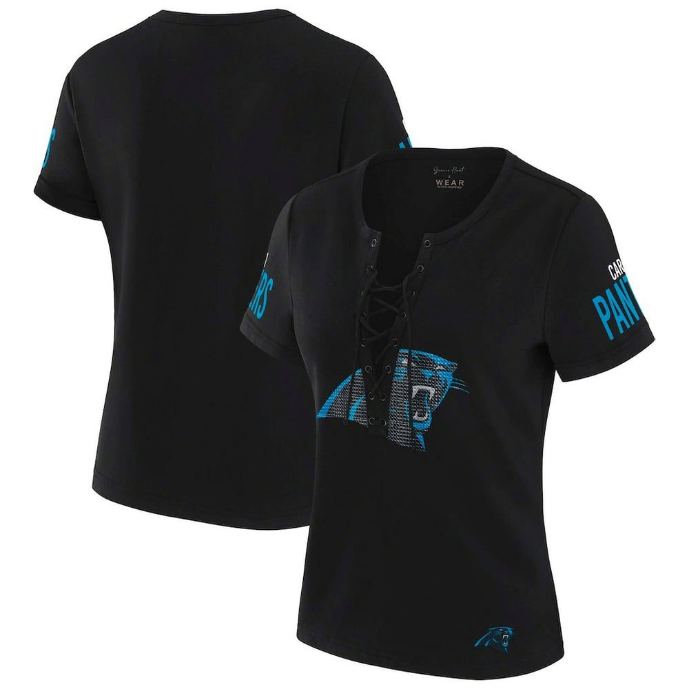 Carolina Panthers WEAR by Erin Andrews x Gracie Hunt Women's Draft Me Lace-Up T-Shirt Black | NFL