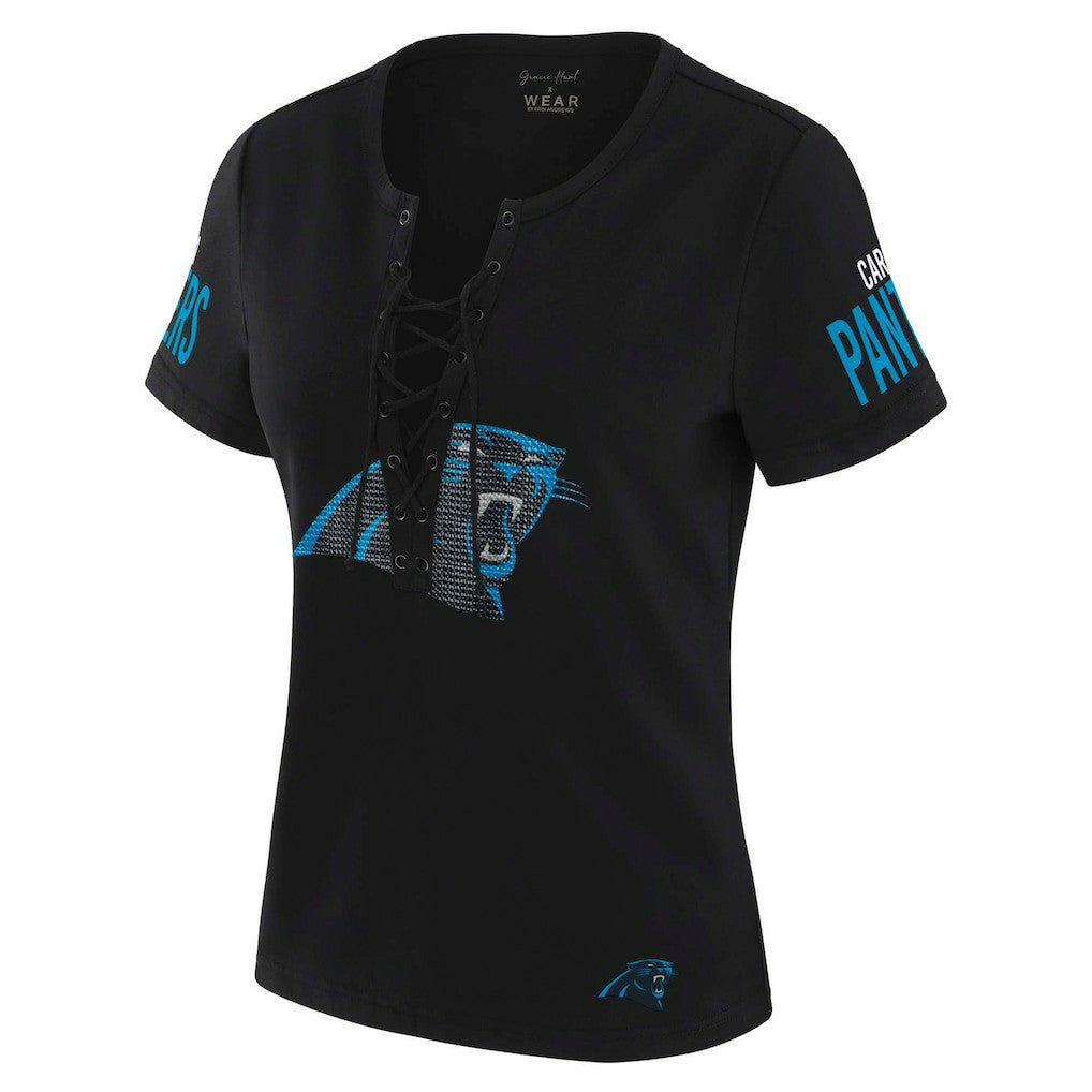 Carolina Panthers WEAR by Erin Andrews x Gracie Hunt Women's Draft Me Lace-Up T-Shirt Black | NFL