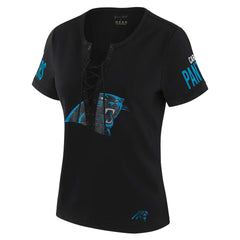 Carolina Panthers WEAR by Erin Andrews x Gracie Hunt Women's Draft Me Lace-Up T-Shirt Black | NFL
