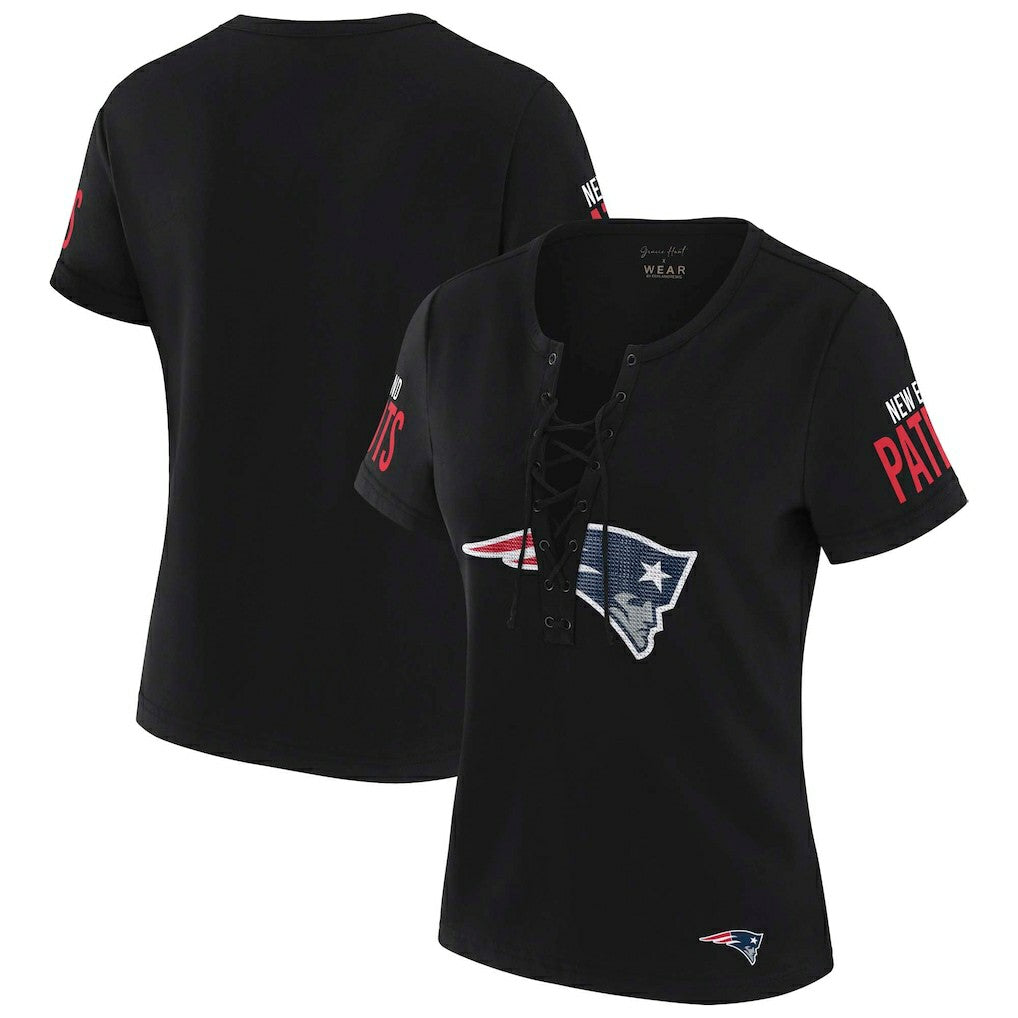 New England Patriots WEAR by Erin Andrews x Gracie Hunt Women's Draft Me Lace-Up T-Shirt Black | NFL