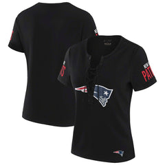 New England Patriots WEAR by Erin Andrews x Gracie Hunt Women's Draft Me Lace-Up T-Shirt Black | NFL