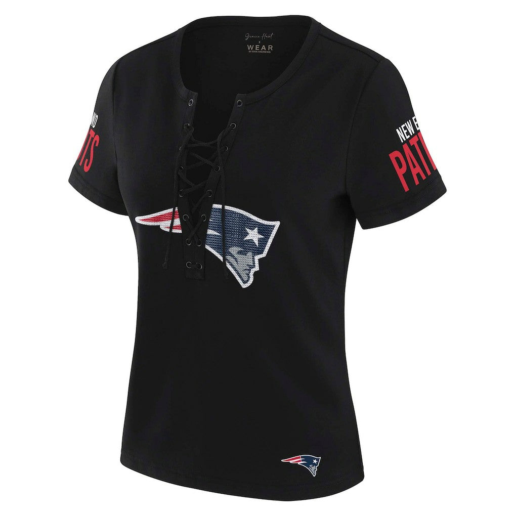 New England Patriots WEAR by Erin Andrews x Gracie Hunt Women's Draft Me Lace-Up T-Shirt Black | NFL