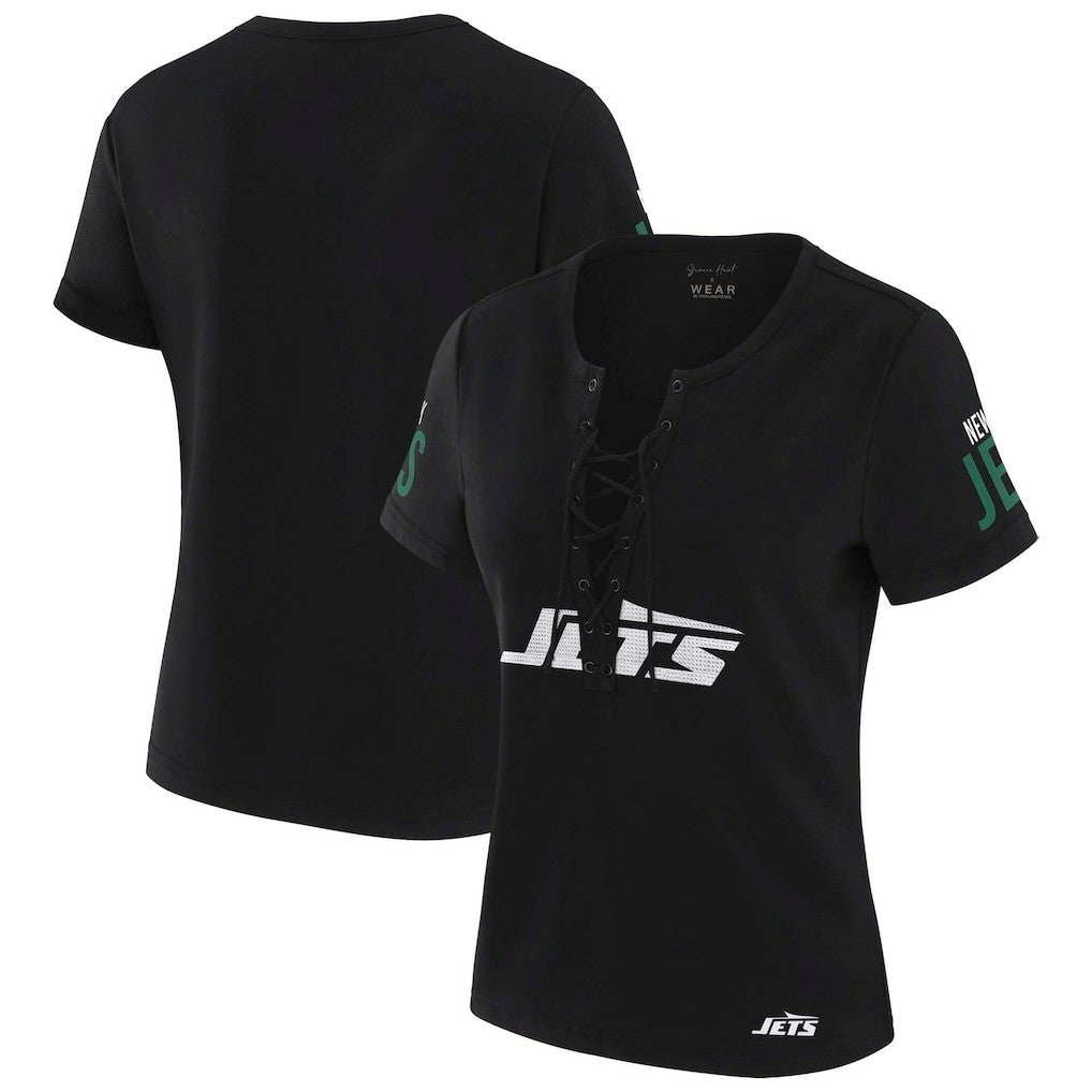 New York Jets WEAR by Erin Andrews x Gracie Hunt Women's Draft Me Lace-Up T-Shirt Black | NFL