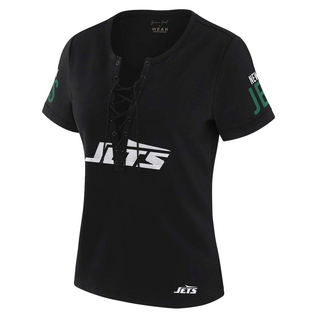 New York Jets WEAR by Erin Andrews x Gracie Hunt Women's Draft Me Lace-Up T-Shirt Black | NFL