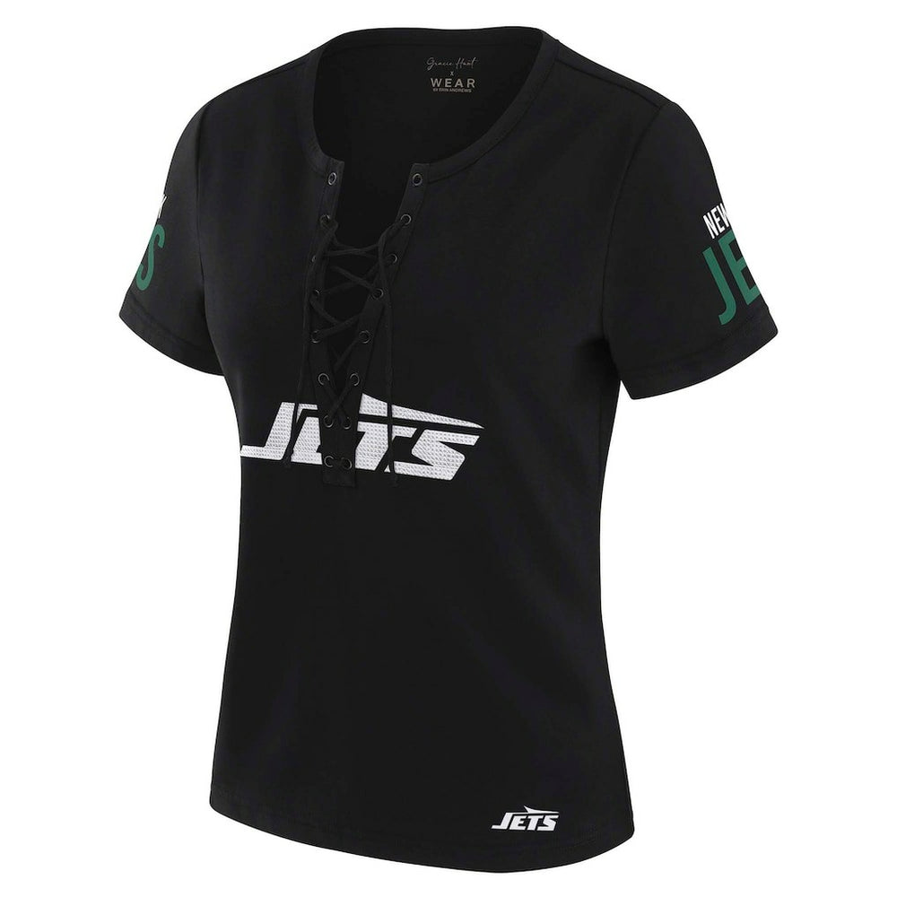 New York Jets WEAR by Erin Andrews x Gracie Hunt Women's Draft Me Lace-Up T-Shirt Black | NFL