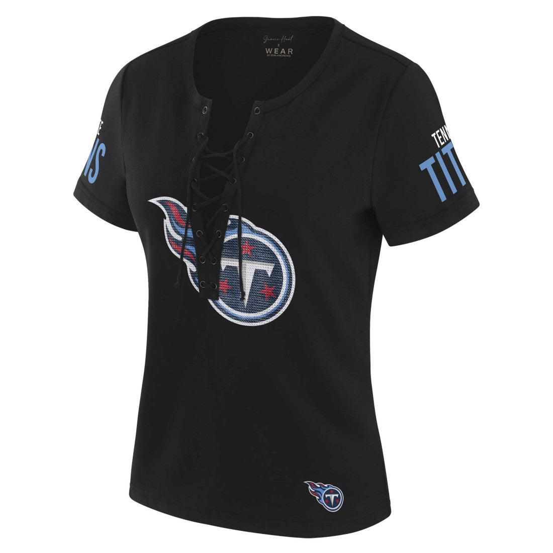 Tennessee Titans WEAR by Erin Andrews x Gracie Hunt Women's Draft Me Lace-Up T-Shirt Black | NFL