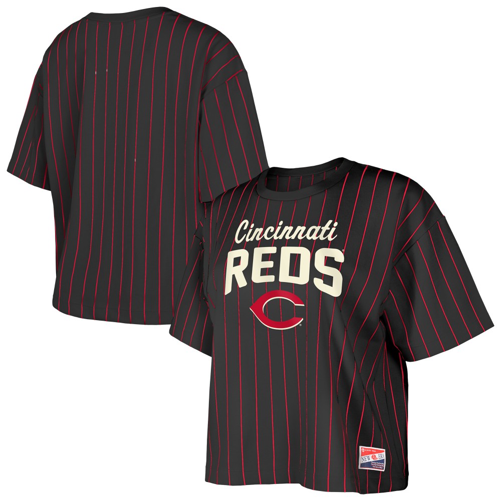 Cincinnati Reds New Era Women's Cooperstown Collection Multiplier Pinstripe Cropped T-Shirt - MLB