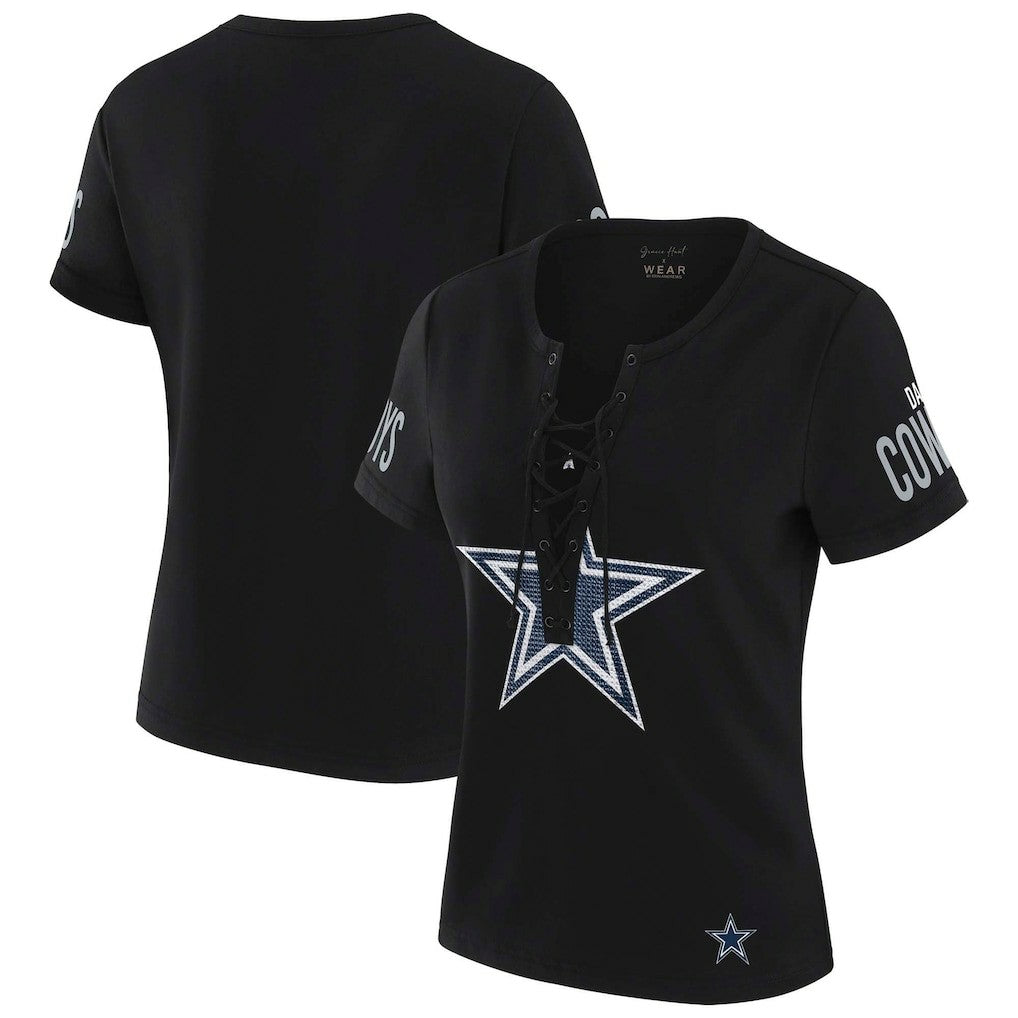 Dallas Cowboys WEAR by Erin Andrews x Gracie Hunt Women's Draft Me Lace-Up T-Shirt Black | NFL