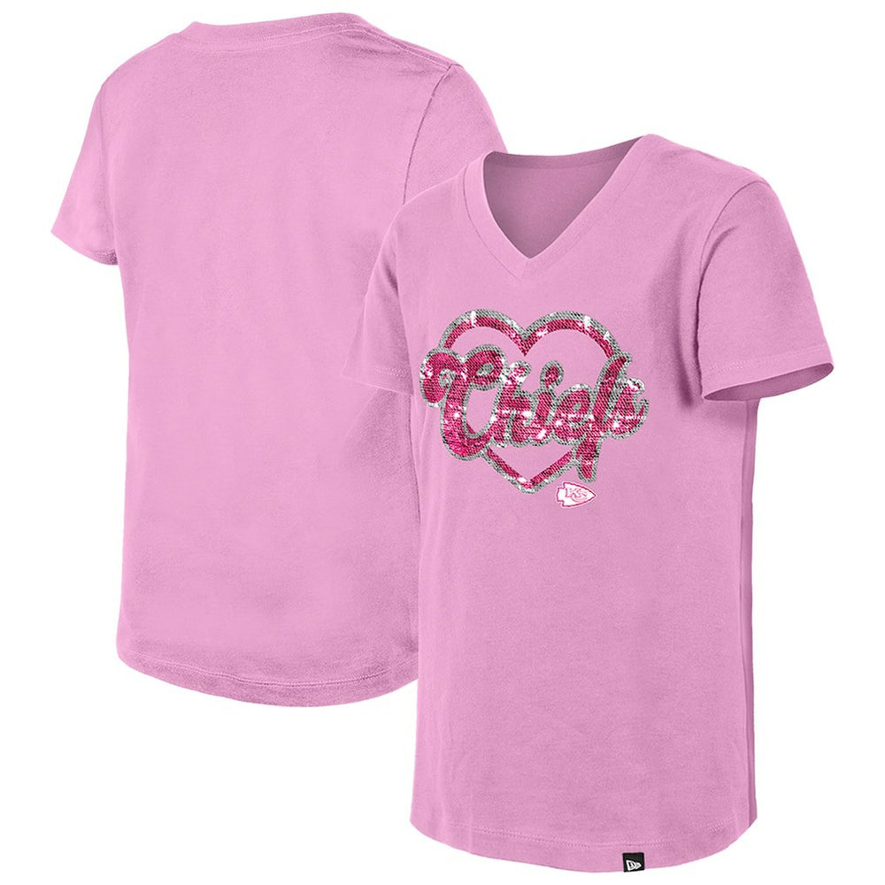 Kansas City Chiefs New Era Girls Youth Flip Sequins V-Neck T-Shirt Pink | NFL