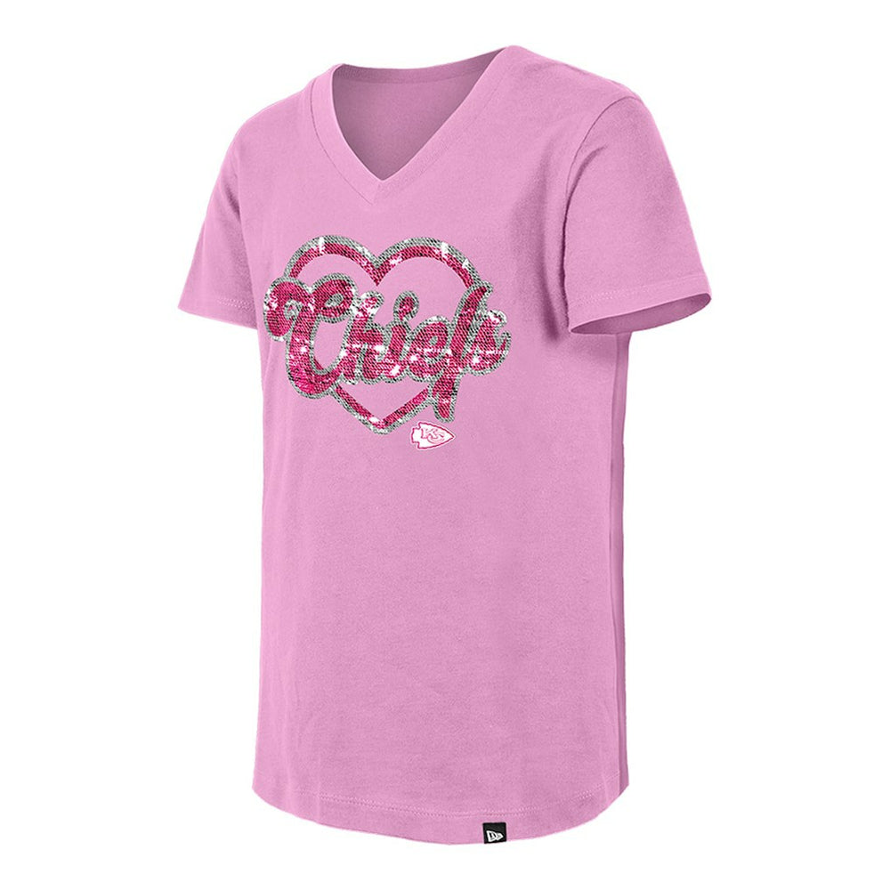 Kansas City Chiefs New Era Girls Youth Flip Sequins V-Neck T-Shirt Pink | NFL
