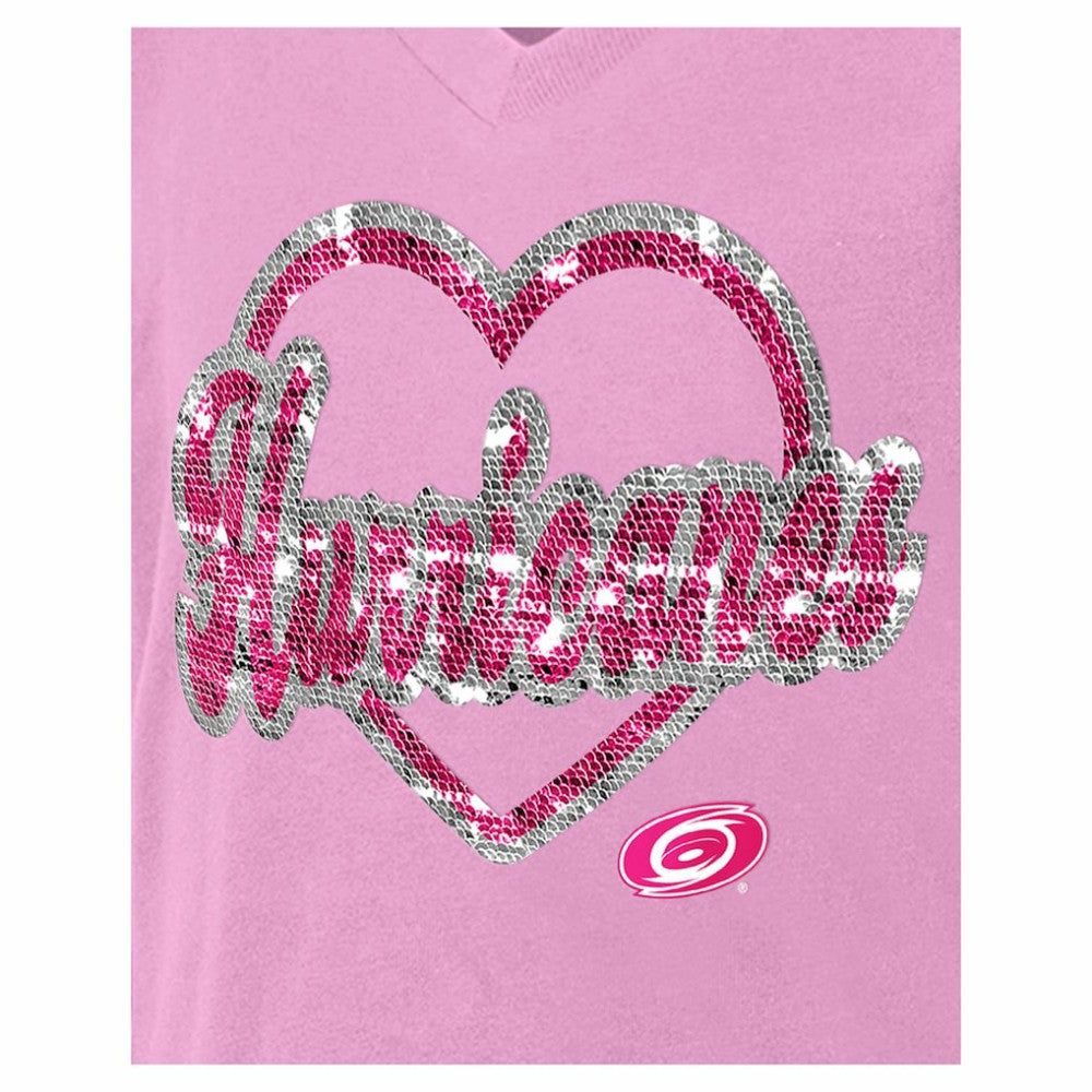 Carolina Hurricanes New Era Girl's Youth Flip Sequin V-Neck T-Shirt - Pink - NHL