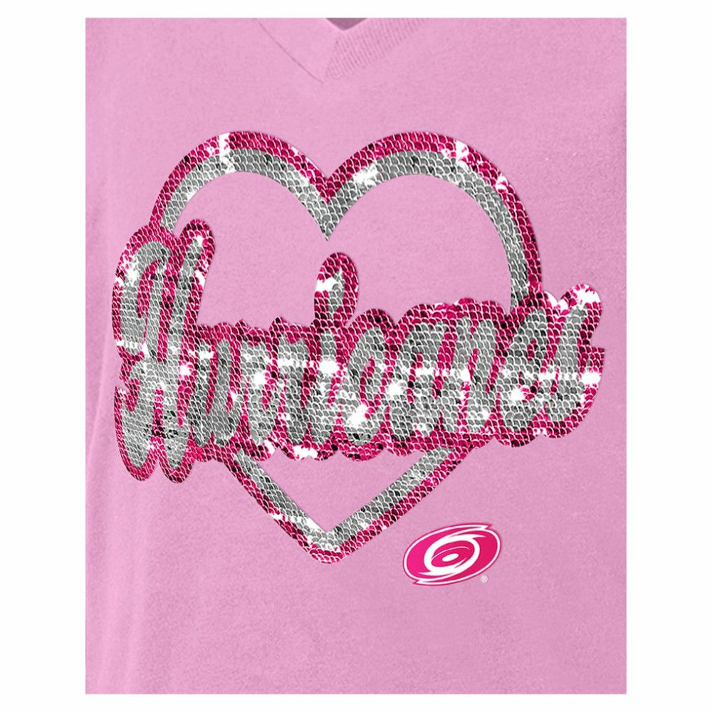Carolina Hurricanes New Era Girl's Youth Flip Sequin V-Neck T-Shirt - Pink - NHL
