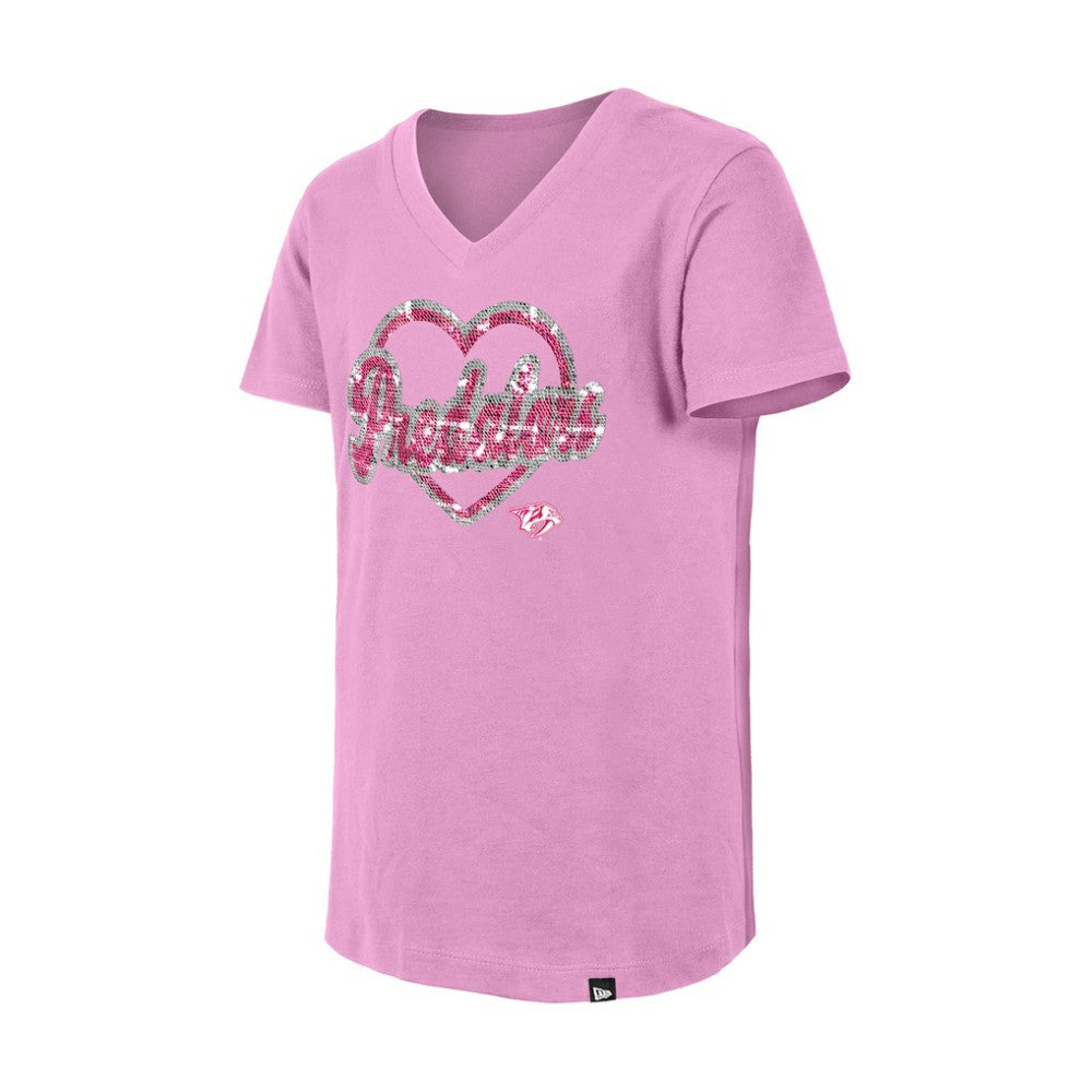 Nashville Predators New Era Girl's Youth Flip Sequin V-Neck T-Shirt - Pink - NHL