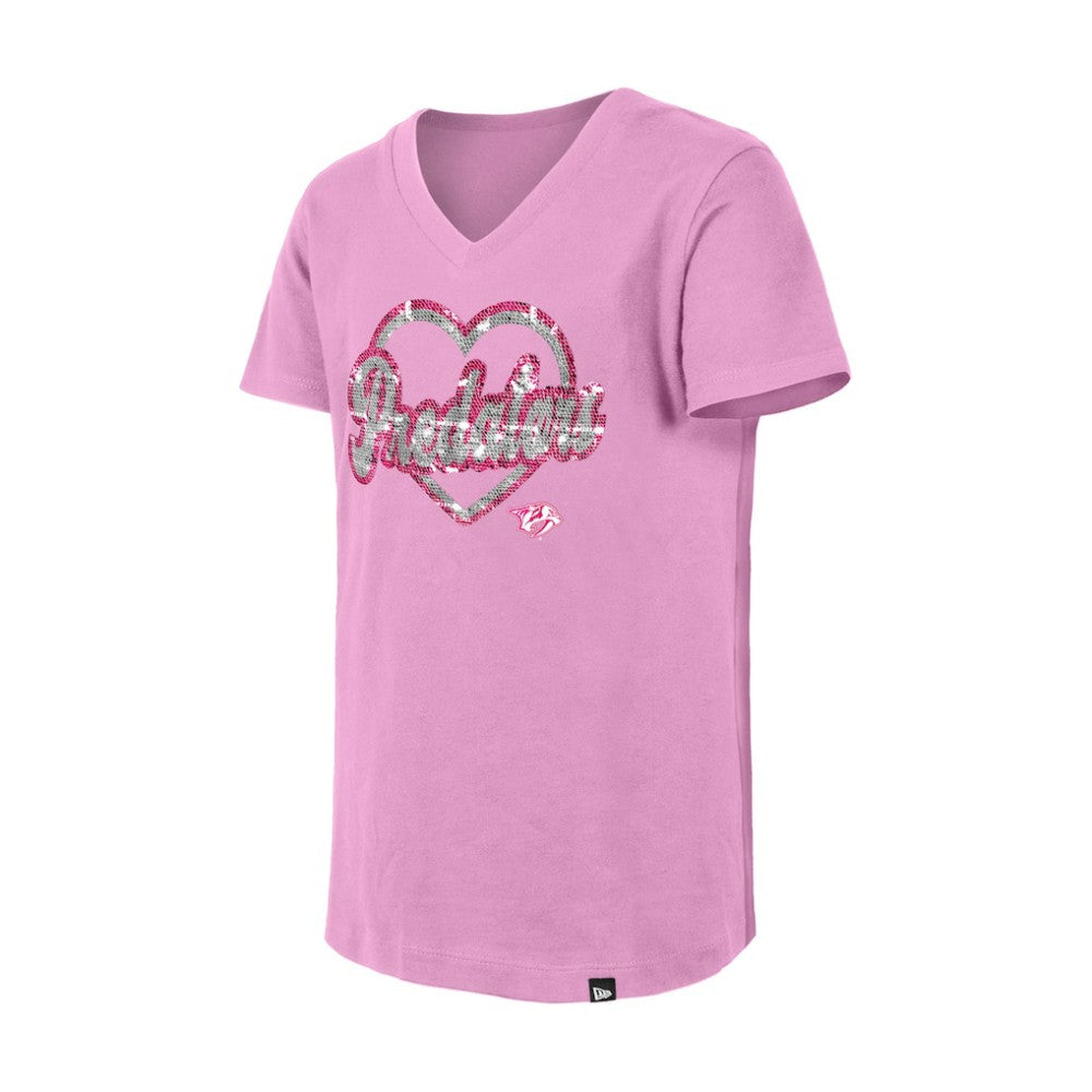Nashville Predators New Era Girl's Youth Flip Sequin V-Neck T-Shirt - Pink - NHL