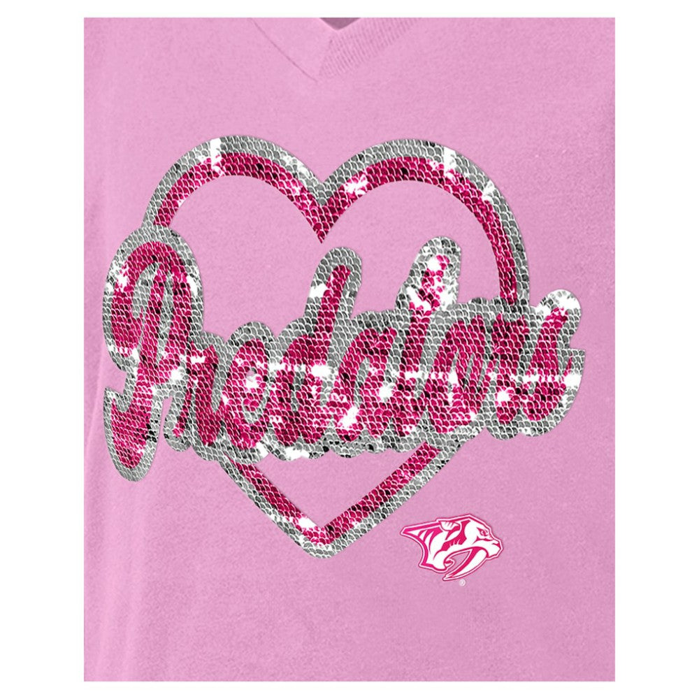 Nashville Predators New Era Girl's Youth Flip Sequin V-Neck T-Shirt - Pink - NHL