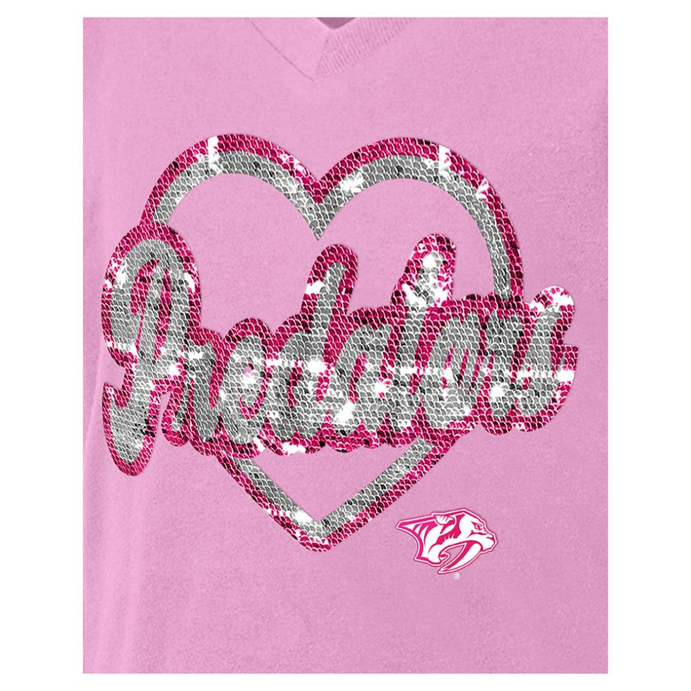 Nashville Predators New Era Girl's Youth Flip Sequin V-Neck T-Shirt - Pink - NHL