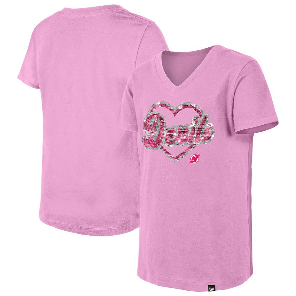 New Jersey Devils New Era Girl's Youth Flip Sequin V-Neck T-Shirt - Pink - NHL