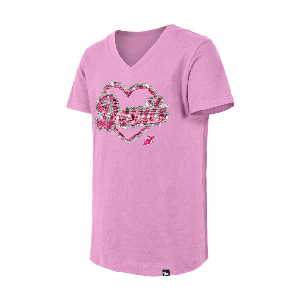 New Jersey Devils New Era Girl's Youth Flip Sequin V-Neck T-Shirt - Pink - NHL