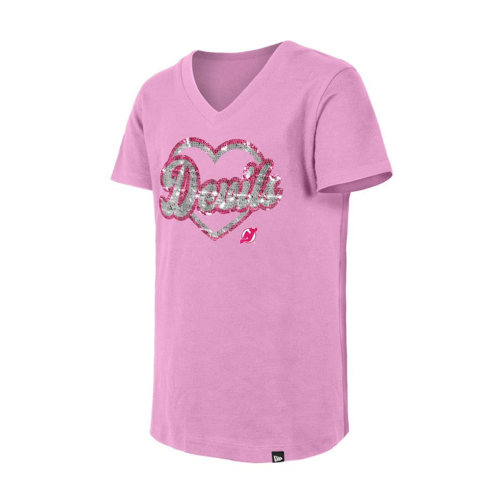 New Jersey Devils New Era Girl's Youth Flip Sequin V-Neck T-Shirt - Pink - NHL