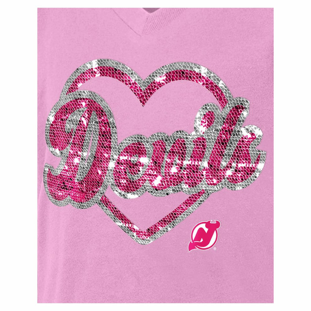 New Jersey Devils New Era Girl's Youth Flip Sequin V-Neck T-Shirt - Pink - NHL