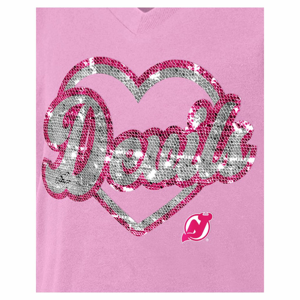 New Jersey Devils New Era Girl's Youth Flip Sequin V-Neck T-Shirt - Pink - NHL