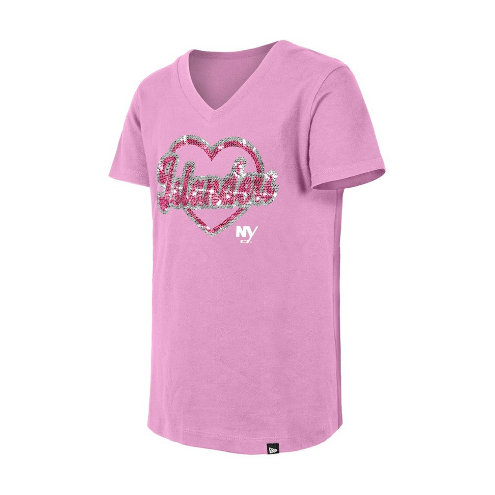 New York Islanders New Era Girl's Youth Flip Sequin V-Neck T-Shirt - Pink - NHL