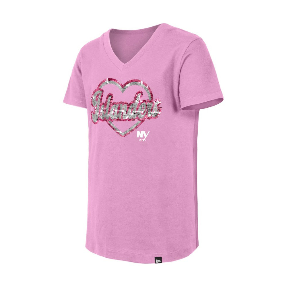 New York Islanders New Era Girl's Youth Flip Sequin V-Neck T-Shirt - Pink - NHL