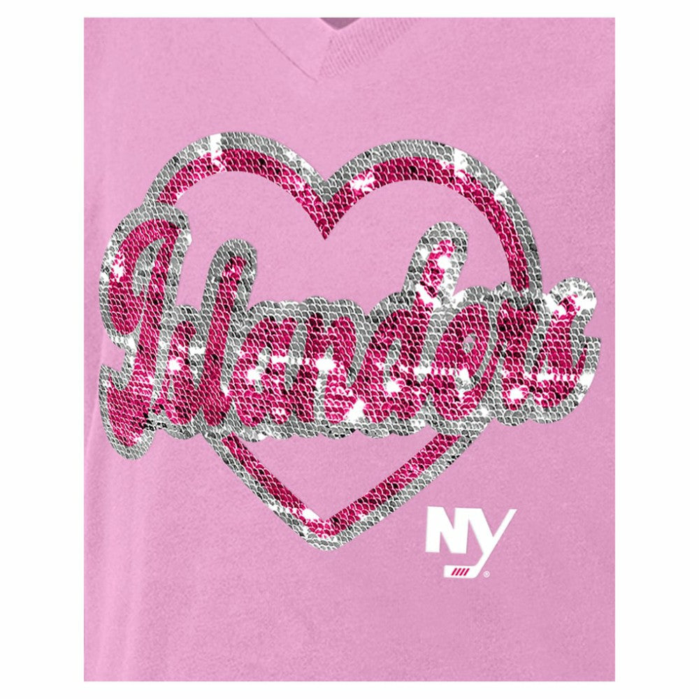 New York Islanders New Era Girl's Youth Flip Sequin V-Neck T-Shirt - Pink - NHL