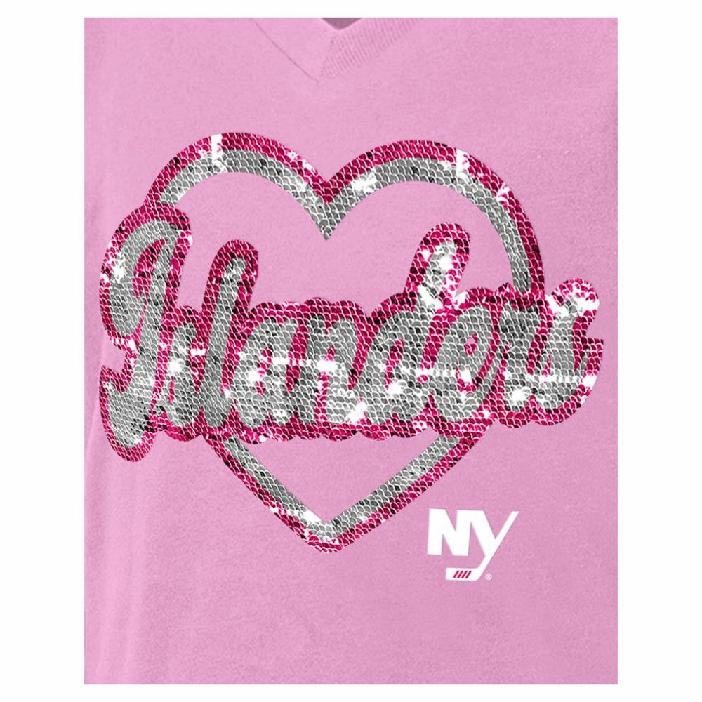 New York Islanders New Era Girl's Youth Flip Sequin V-Neck T-Shirt - Pink - NHL