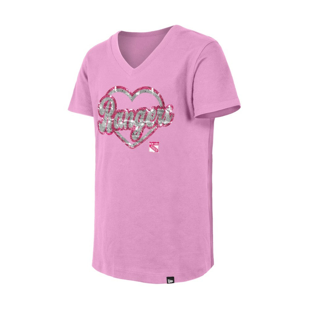 New York Rangers New Era Girl's Youth Flip Sequin V-Neck T-Shirt - Pink - NHL