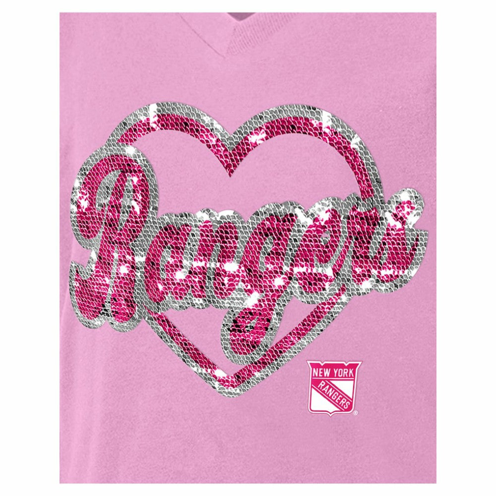 New York Rangers New Era Girl's Youth Flip Sequin V-Neck T-Shirt - Pink - NHL