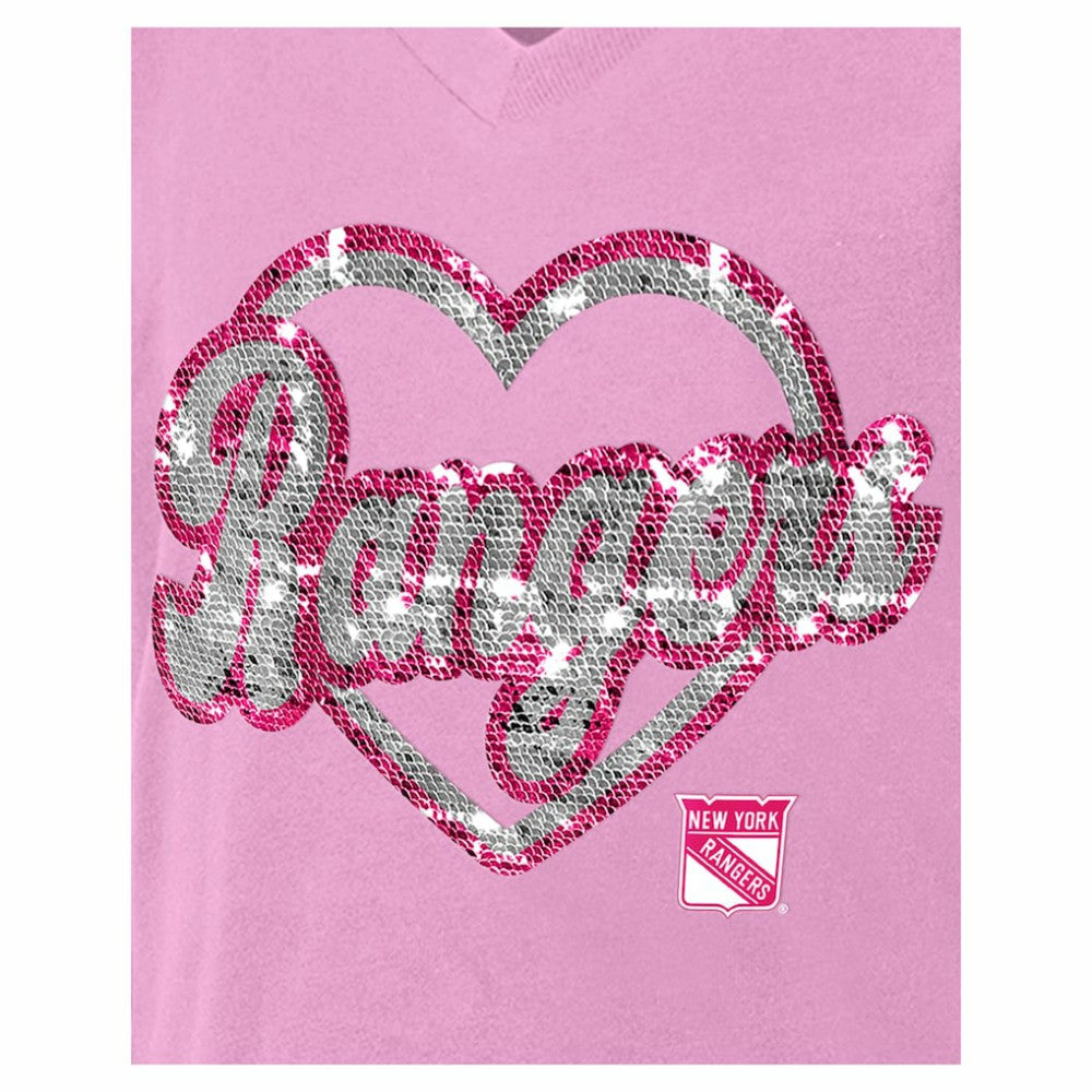New York Rangers New Era Girl's Youth Flip Sequin V-Neck T-Shirt - Pink - NHL
