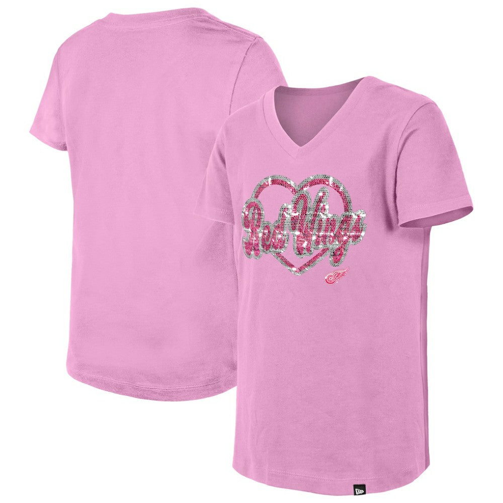Detroit Red Wings New Era Girl's Youth Flip Sequin V-Neck T-Shirt - Pink - NHL