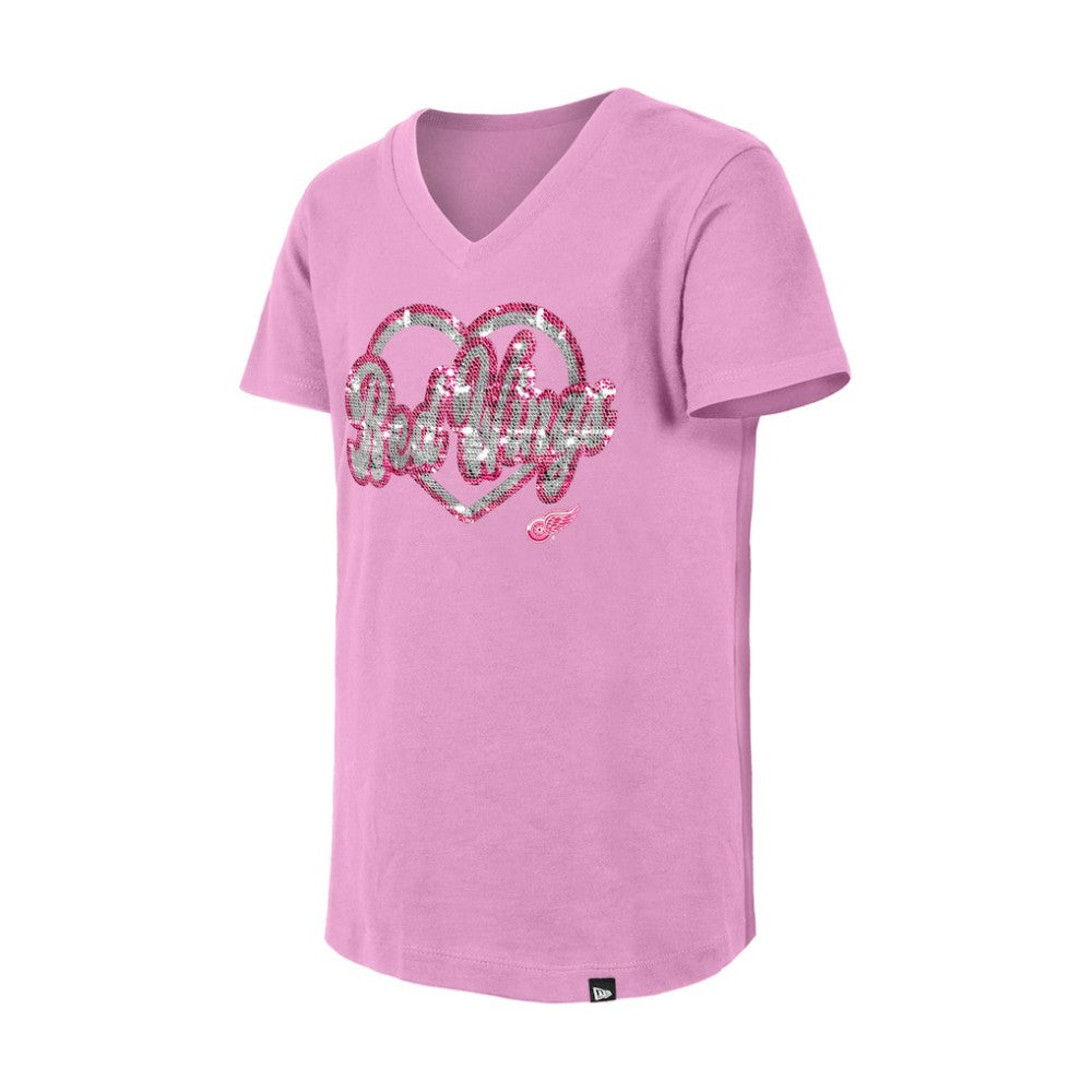 Detroit Red Wings New Era Girl's Youth Flip Sequin V-Neck T-Shirt - Pink - NHL