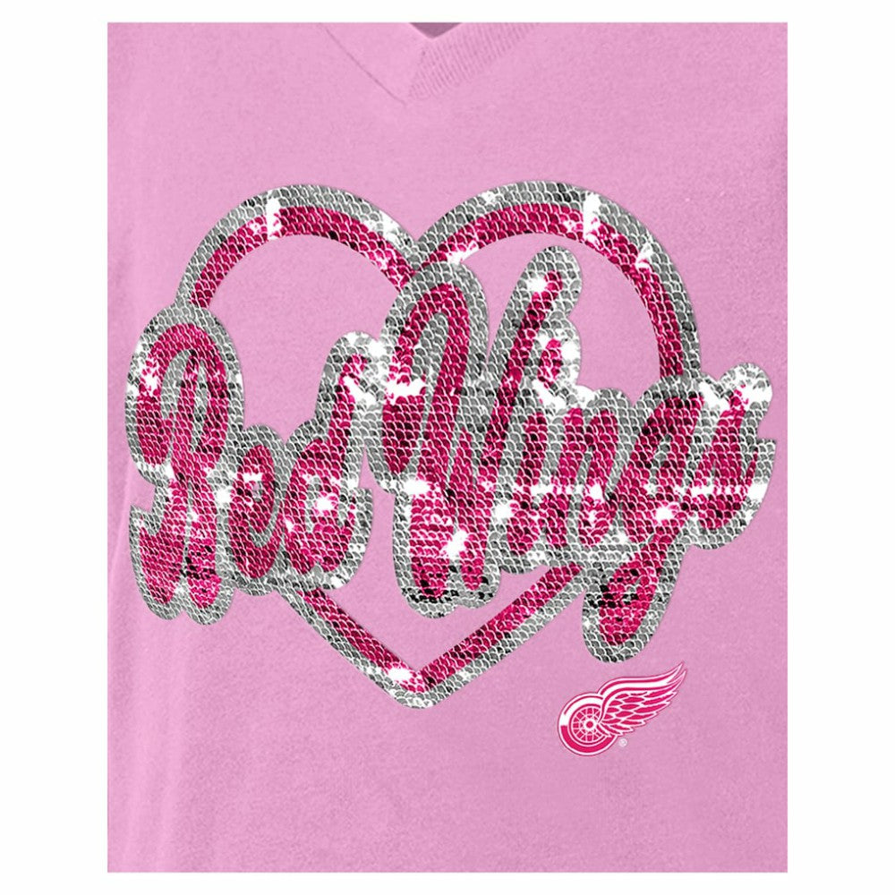 Detroit Red Wings New Era Girl's Youth Flip Sequin V-Neck T-Shirt - Pink - NHL