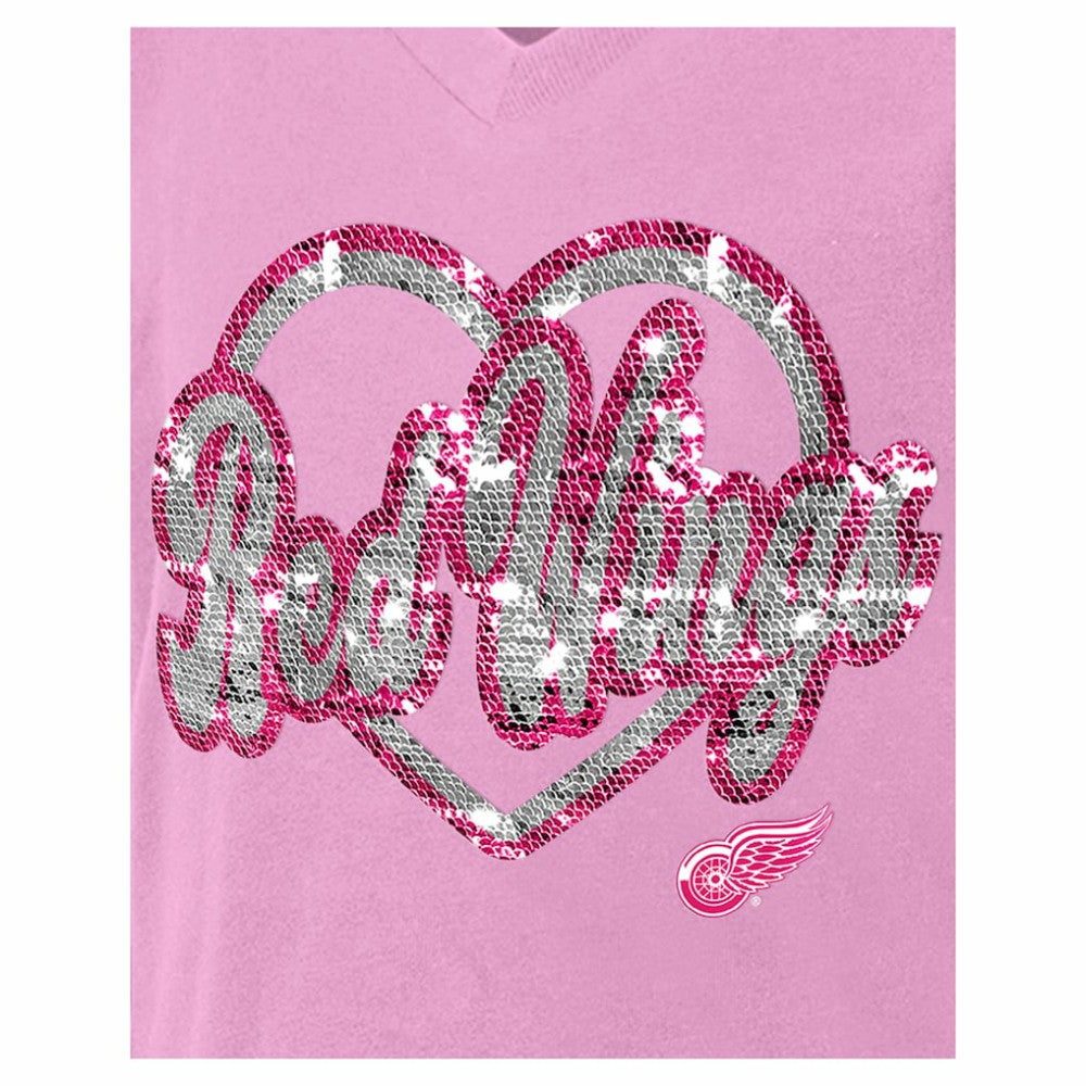 Detroit Red Wings New Era Girl's Youth Flip Sequin V-Neck T-Shirt - Pink - NHL