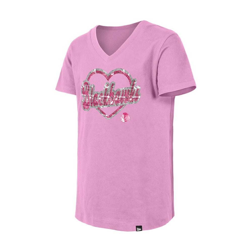 Chicago Blackhawks New Era Girl's Youth Flip Sequin V-Neck T-Shirt - Pink - NHL