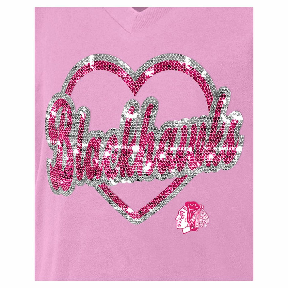 Chicago Blackhawks New Era Girl's Youth Flip Sequin V-Neck T-Shirt - Pink - NHL