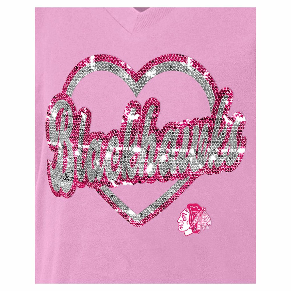 Chicago Blackhawks New Era Girl's Youth Flip Sequin V-Neck T-Shirt - Pink - NHL