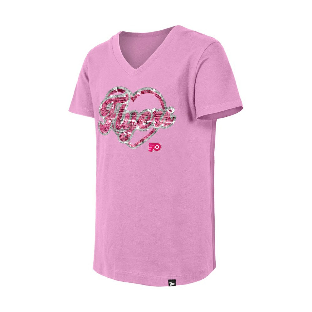 Philadelphia Flyers New Era Girl's Youth Flip Sequin V-Neck T-Shirt - Pink - NHL