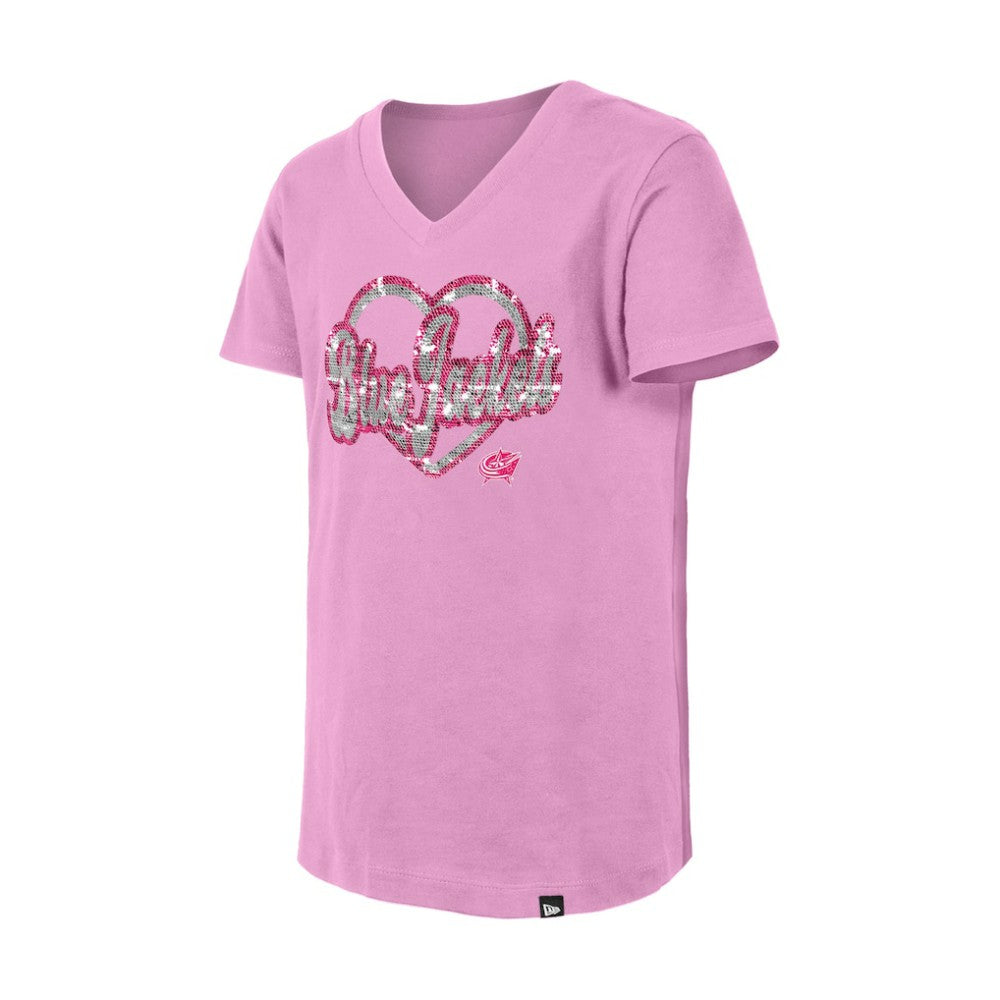 Columbus Blue Jackets New Era Girl's Youth Flip Sequin V-Neck T-Shirt - Pink - NHL