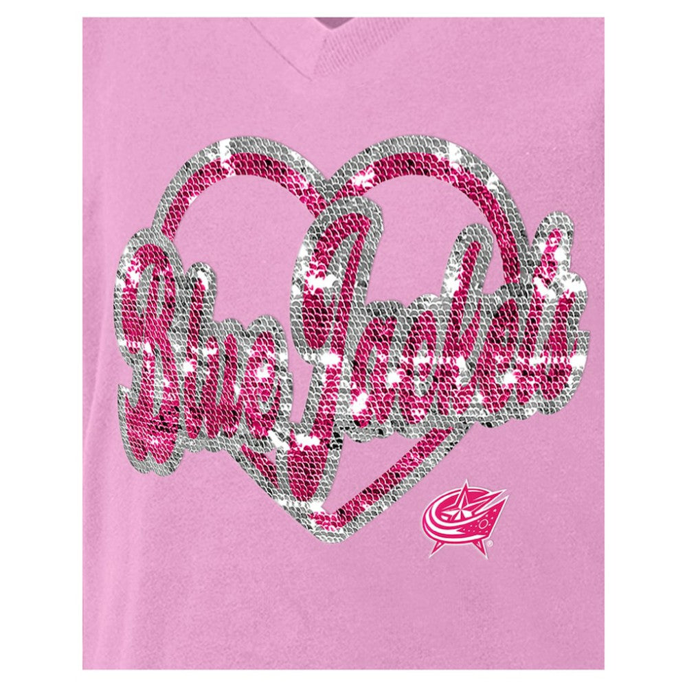 Columbus Blue Jackets New Era Girl's Youth Flip Sequin V-Neck T-Shirt - Pink - NHL