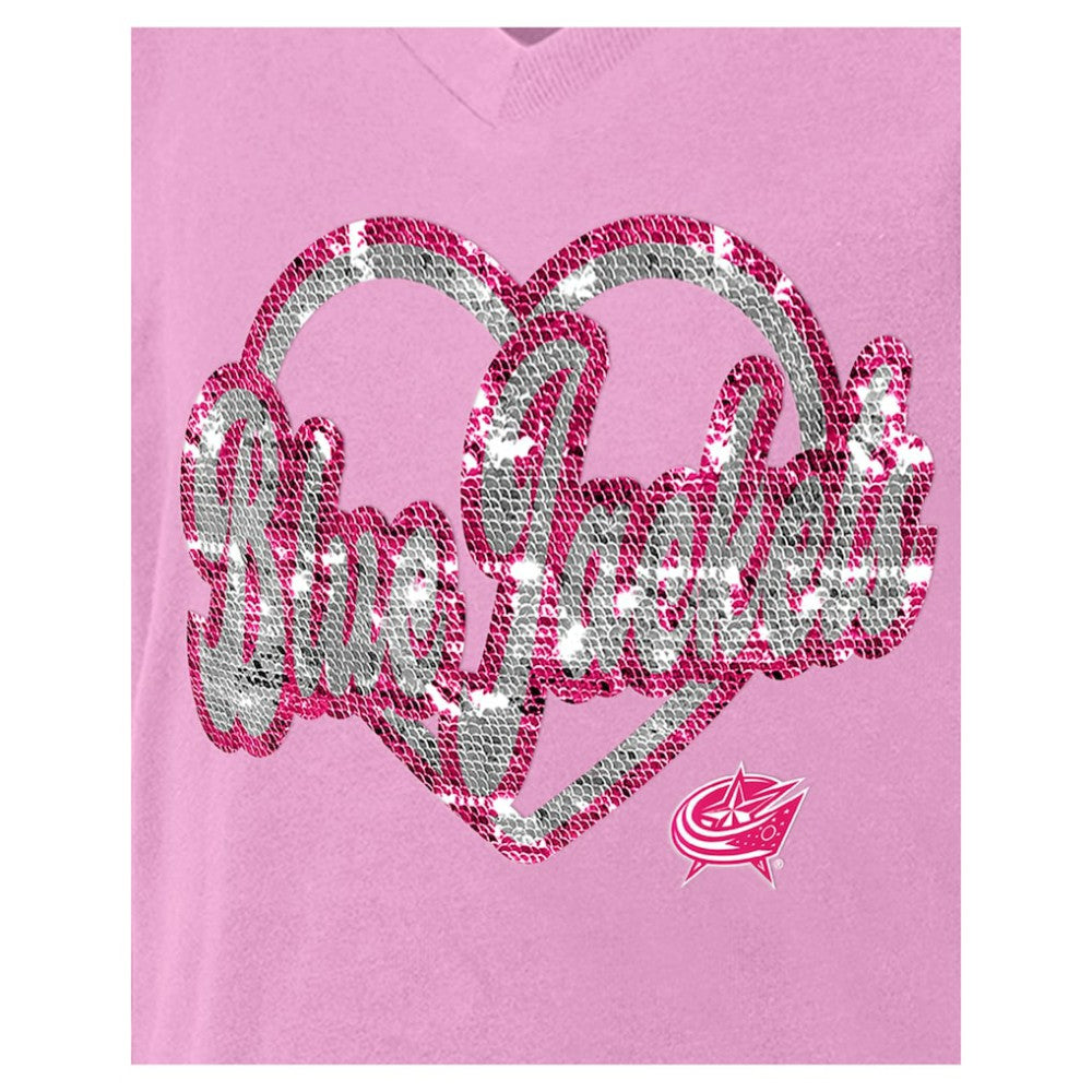 Columbus Blue Jackets New Era Girl's Youth Flip Sequin V-Neck T-Shirt - Pink - NHL