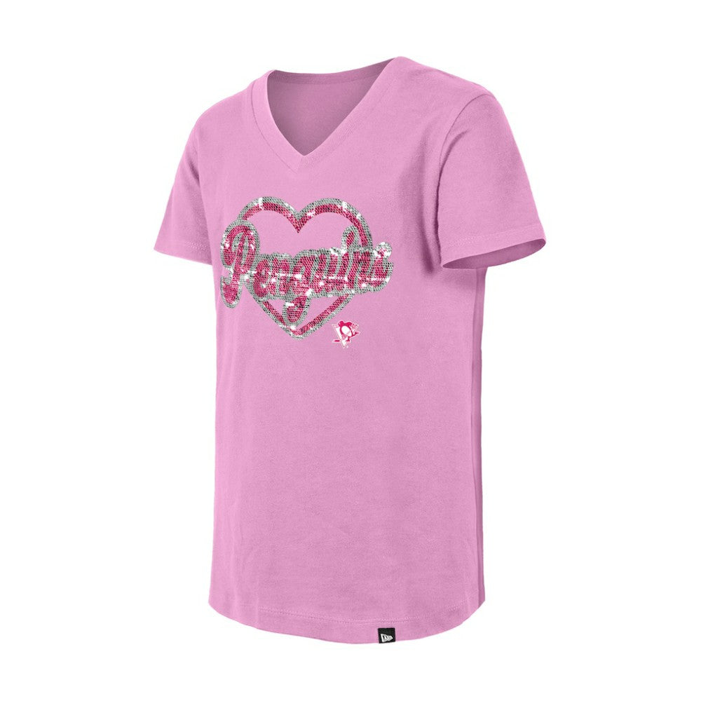 Pittsburgh Penguins New Era Girl's Youth Flip Sequin V-Neck T-Shirt - Pink - NHL