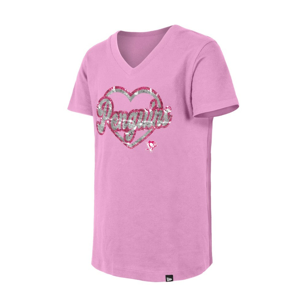 Pittsburgh Penguins New Era Girl's Youth Flip Sequin V-Neck T-Shirt - Pink - NHL