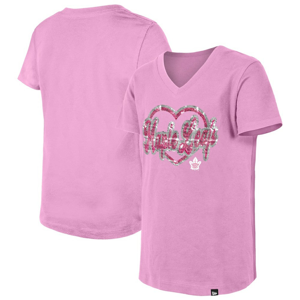Toronto Maple Leafs New Era Girl's Youth Flip Sequin V-Neck T-Shirt - Pink - NHL