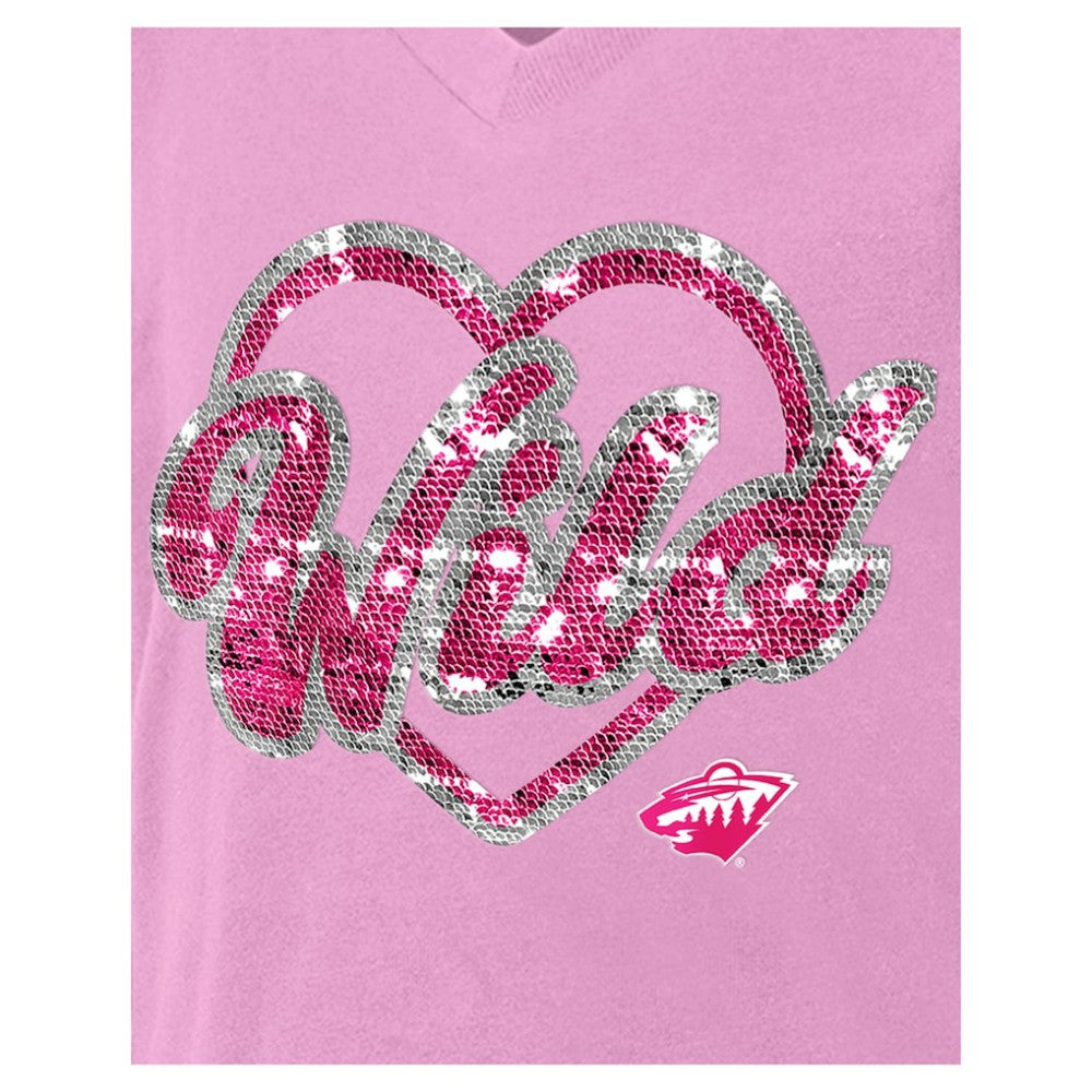 Minnesota Wild New Era Girl's Youth Flip Sequin V-Neck T-Shirt - Pink - NHL