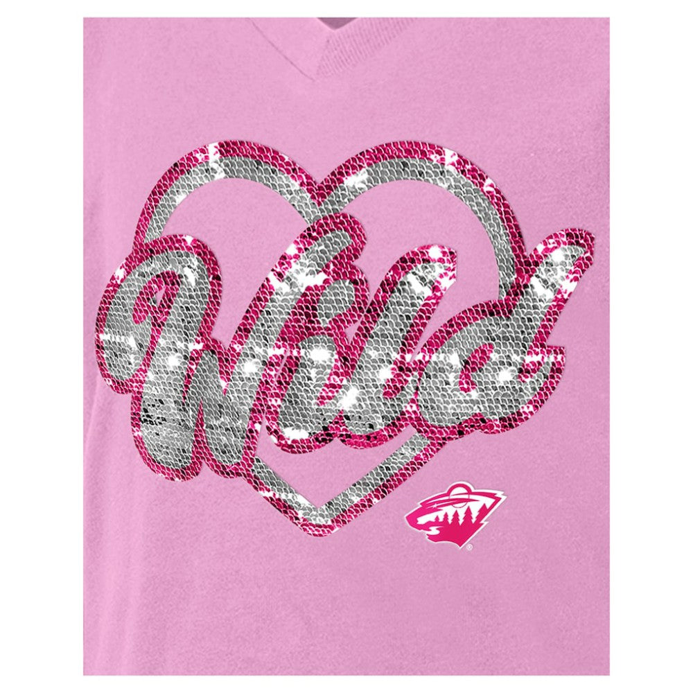 Minnesota Wild New Era Girl's Youth Flip Sequin V-Neck T-Shirt - Pink - NHL