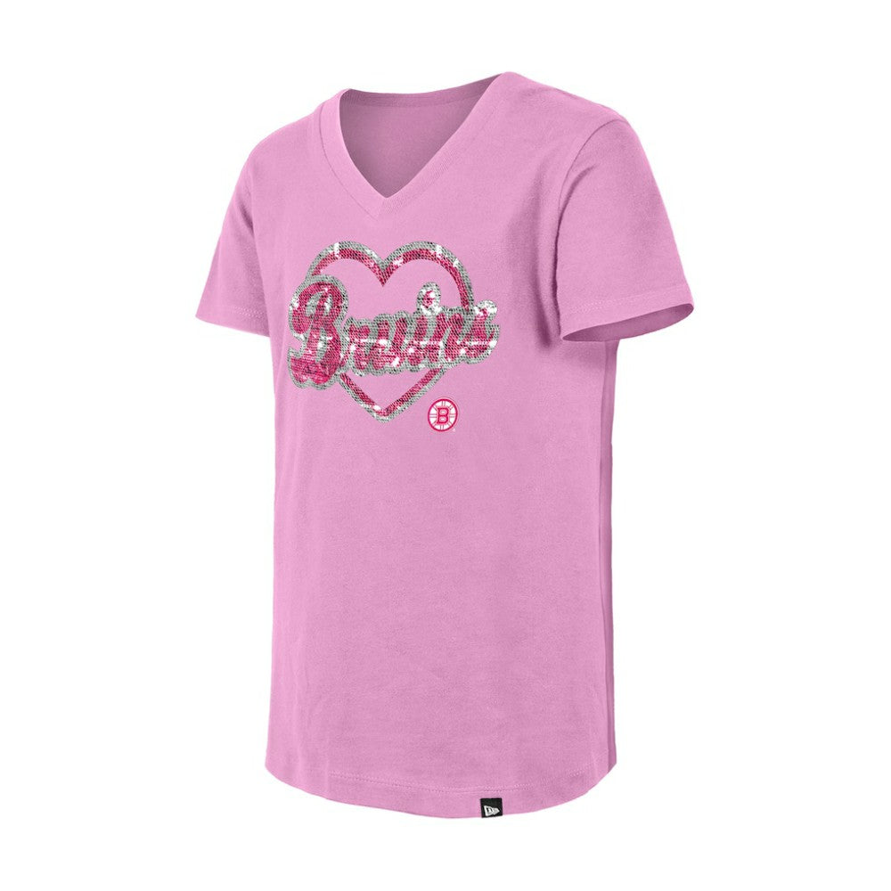 Boston Bruins New Era Girl's Youth Flip Sequin V-Neck T-Shirt - Pink - NHL